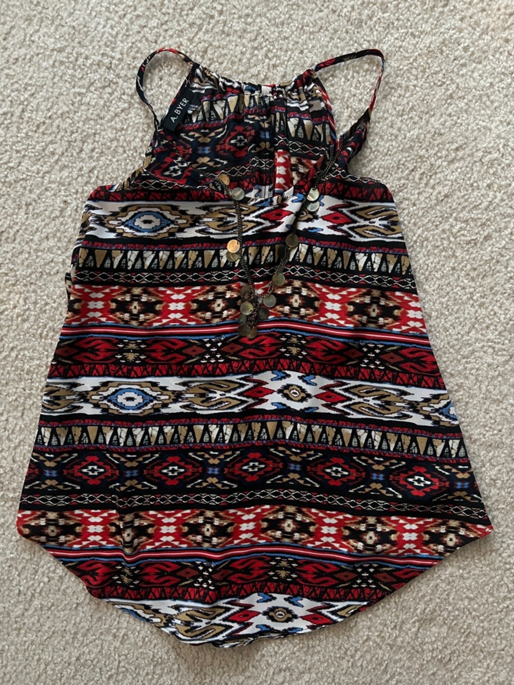 A. Byer Red Black Aztec-Print Button Front Tank